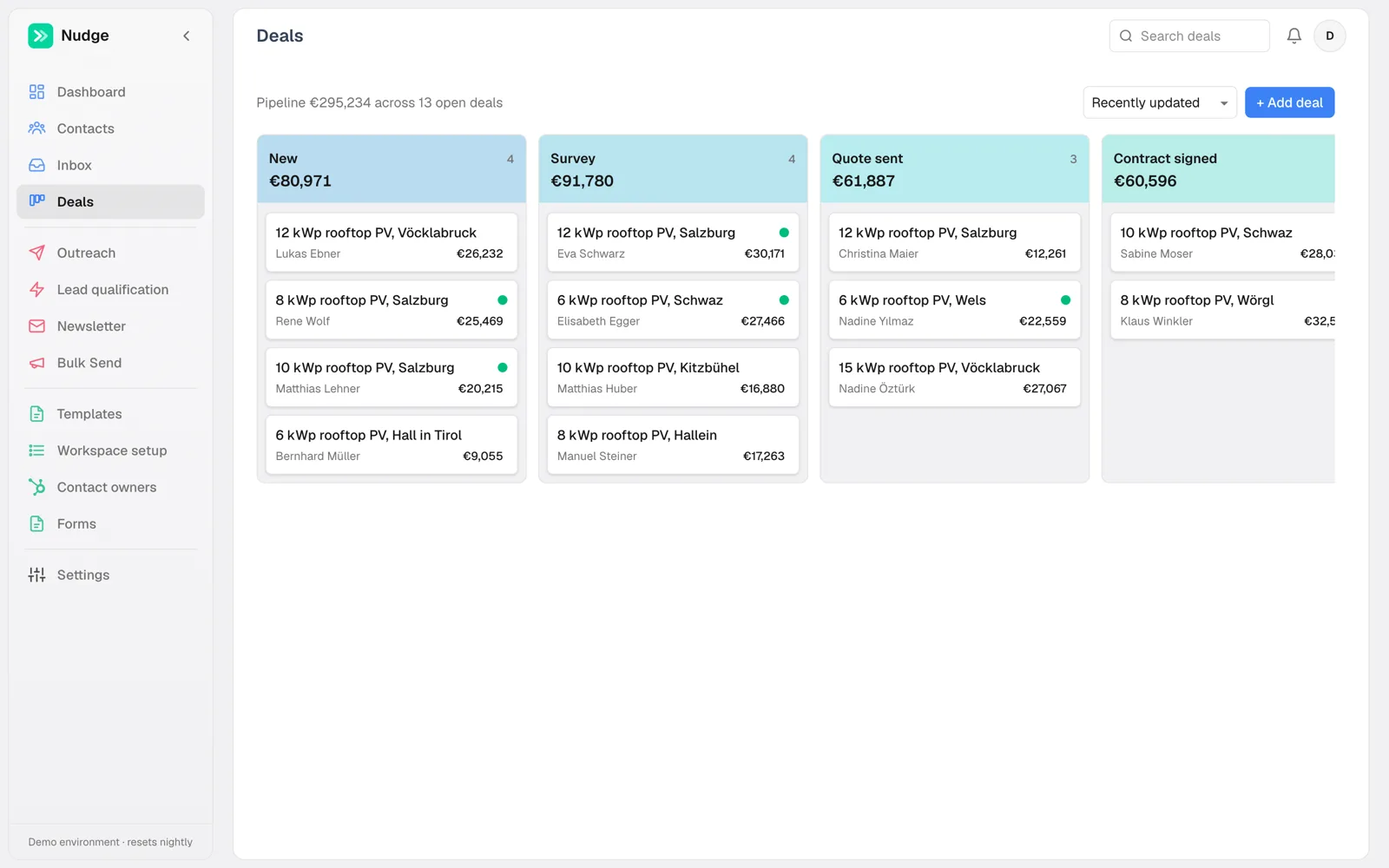 Nudge deals kanban board grouped by pipeline stage