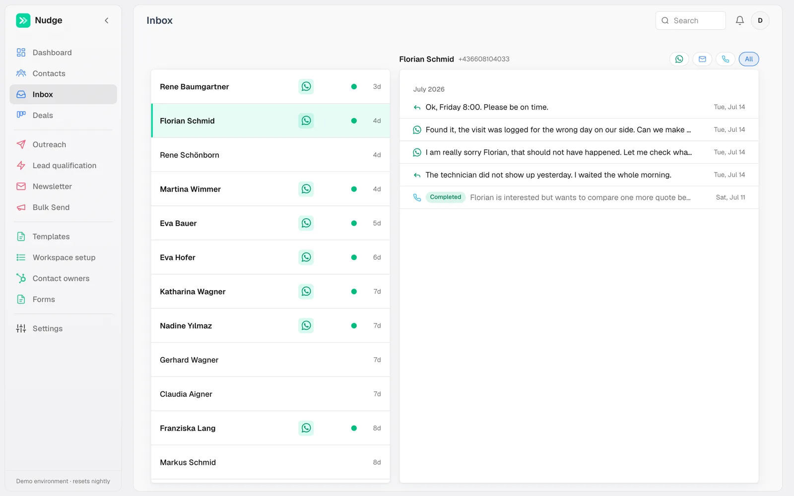 Nudge inbox with a WhatsApp conversation and an AI call summary